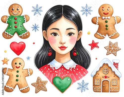 Watercolor illustration with a girl, gingerbread cookies and holiday elements