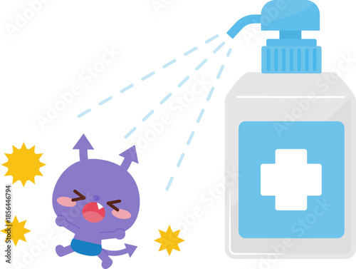 消毒液から逃げているばい菌のキャラクター