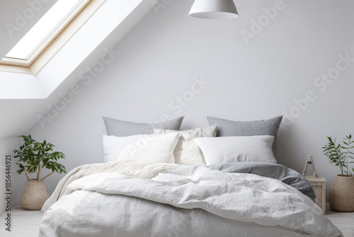 Modern bedroom with large windows and simple decor in a cozy attic space