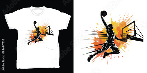 Vibrant basketball tshirt design with dynamic player illustration