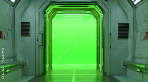 A futuristic video shows a green-lit corridor with a large doorway leading to a bright green area