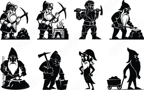 Dwarf mining silhouettes, fantasy worker icons, black graphic design, pickaxe and cart, underground labor, stylized character, folklore miner illustration
