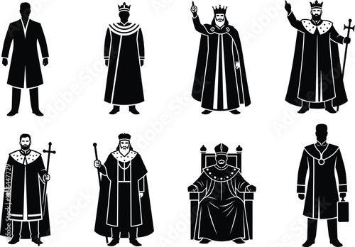   
Royal figure silhouettes, modern and historical attire, crown and robe icons, leadership evolution, black graphic design, authority character illustration