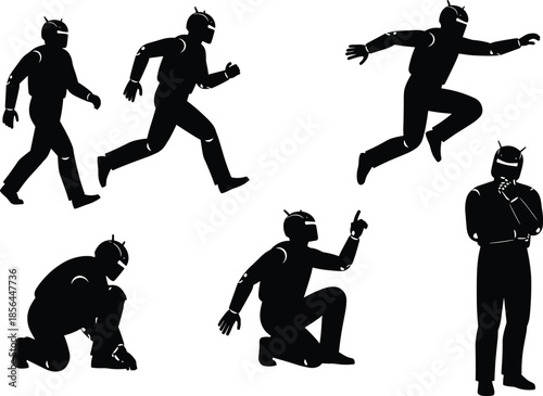 Humanoid robot silhouette, dynamic motion poses, artificial intelligence icon, black graphic design, tech gesture illustration, futuristic movement, robotic action, AI figure