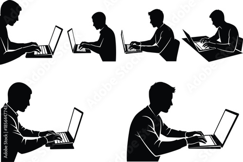 Laptop user silhouette, digital work posture, remote working icon, online study figure, black graphic design, tech lifestyle, seated profile