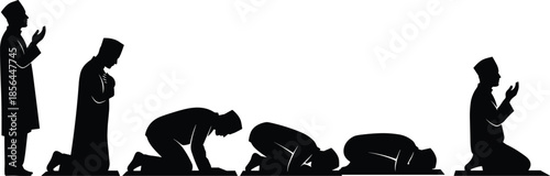 Islamic prayer silhouette, Salah posture sequence, Muslim worship illustration, black graphic design, spiritual devotion, traditional attire, religious movement, faith ritual