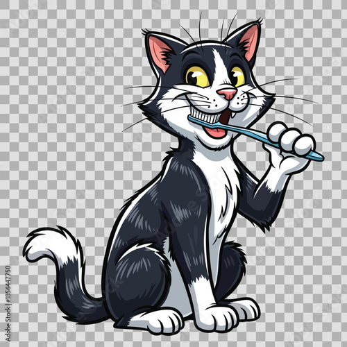 Cute cartoon vector illustration of a sitting black and white cat silhouette isolated on a white background as a funny domestic pet character art for animal lovers