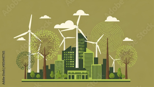 Flat eco city landscape with wind turbines