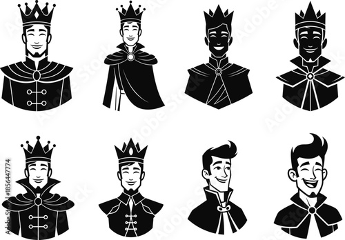Royal character silhouettes, noble male portraits, king and prince icons, black graphic design, fantasy attire, crown illustration, regal hairstyle, medieval style