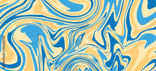 A bright, wavy abstract pattern in blue, cream, and bright yellow. The swirling, cropped design gives a psychedelic, retro, and fluid feel.