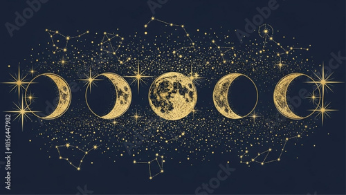 Gold celestial moon phases and constellations
