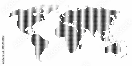 A dotted world map illustration showing continents and oceans in grayscale