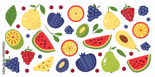 A vibrant assortment of fresh fruits including berries melons and citrus