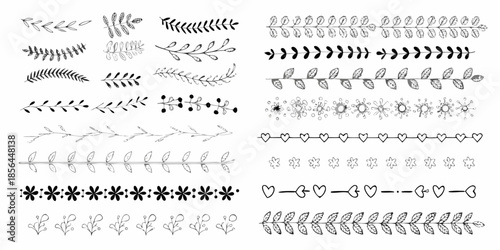 Collection of decorative botanical elements and floral branch patterns in black and white