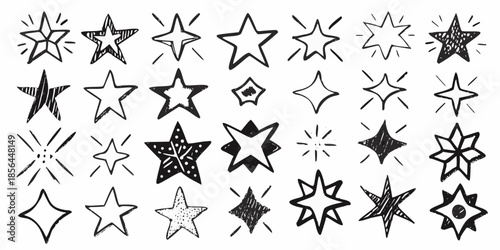 Collection of hand drawn stars and sparkling shapes in black and white