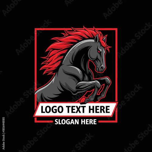 Stunning black horse logo with red mane and customizable text