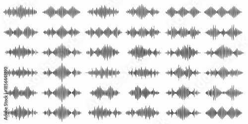 An arrangement of numerous dark waveform illustrations against a white background