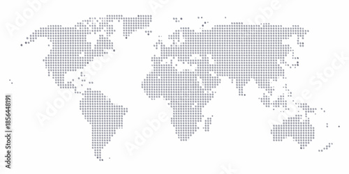 A dotted world map illustration depicting continents and oceans in a minimalist style