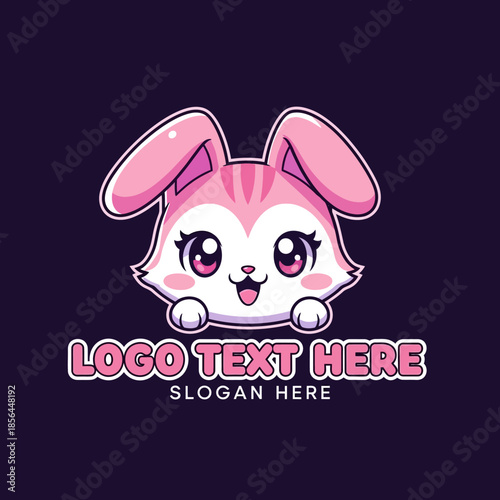 Cute pink bunny cartoon character with customizable logo text