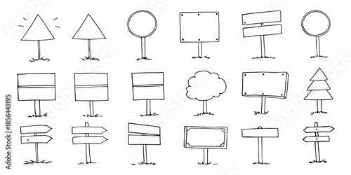 Collection of hand drawn geometric shapes and signs with wooden posts