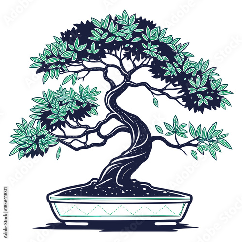 Japanese Zen Bonsai Tree Vector Illustration: Traditional Potted Miniature Plant with Lush Green Foliage and Curved Trunk, Minimalist Nature Art for Graphic Design Art