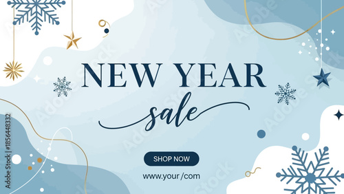 New Year sale banner with snowflakes and stars on blue background