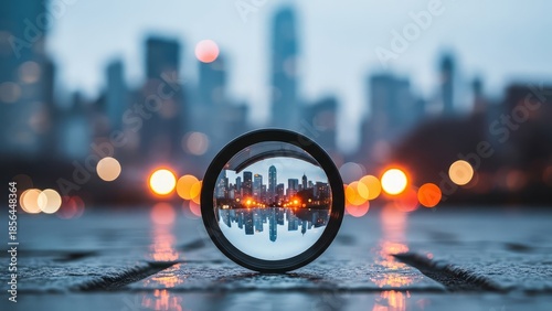 skyscrapers lens showing city skyline with bokeh lights at night in selective focus view point, skyscrapers and blurred city lights
