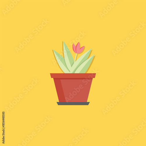 Potted Flowering Houseplant Flat Vector Illustration of Small Indoor Plant in Terracotta Pot on Yellow Background