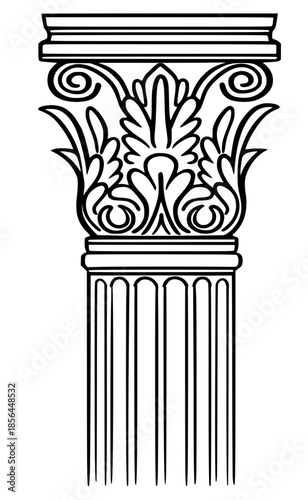 Detailed black line art of a classic Corinthian column capital with acanthus leaf motifs.