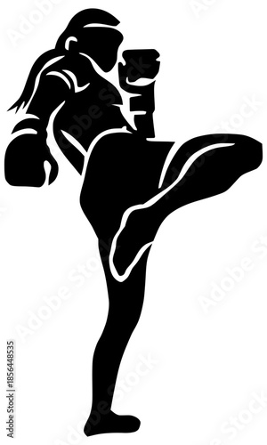 High-contrast black silhouette of a Muay Thai fighter performing a powerful high kick.