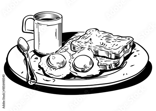 Black line art illustration of a hearty breakfast featuring fried eggs, toast, and a mug of coffee on a plate.