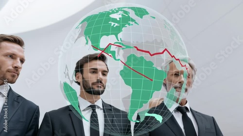 In a sleek office, executives discuss market trends and financial strategies while observing global data on a holographic display. The atmosphere is intense and focused