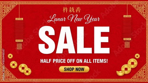 Lunar New Year sale banner with gold accents and red background