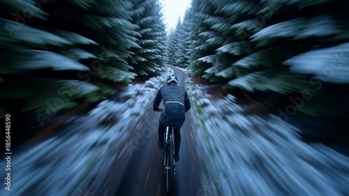 A lone cyclist speeds through a beautiful snowy forest trail. The trees stand tall, coated in white, as the early morning light filters through the branches. It's a serene winter experience