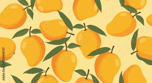 A vibrant seamless pattern of juicy yellow mangoes with green leaves on a light yellow background for a tropical fruit design.