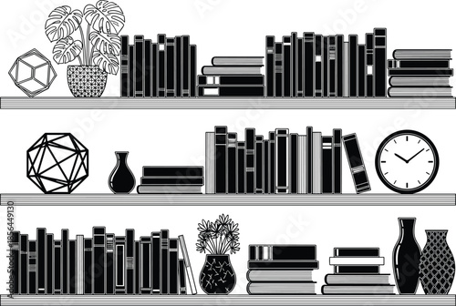 Silhouette bookshelf interior with books plants vases geometric decor clock home library organization stylish storage illustration vector isolated on white background