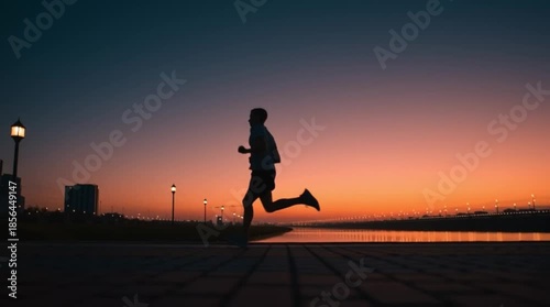 A person runs along a road during a beautiful sunset in a serene outdoor setting in this video