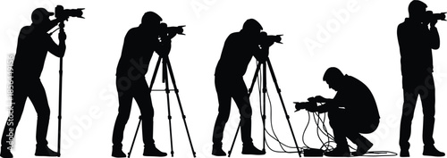 Silhouette cameramen working with professional video cameras on tripods and cables, filming recording production crew setup photography media industry illustration