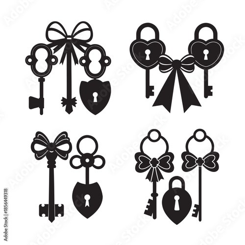 Vector set of antique metal skeleton keys with vintage bows and silhouettes designed for old house door locks