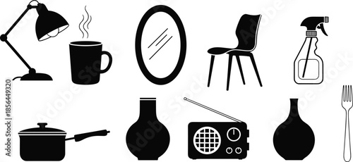Silhouette collection of household items including lamp mug mirror chair spray bottle pot vases radio and fork home essentials illustration