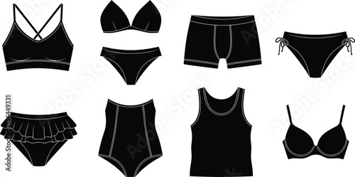 Silhouette collection of lingerie underwear icons including bras panties swimwear tank tops stylish intimate apparel vector illustration isolated on white background