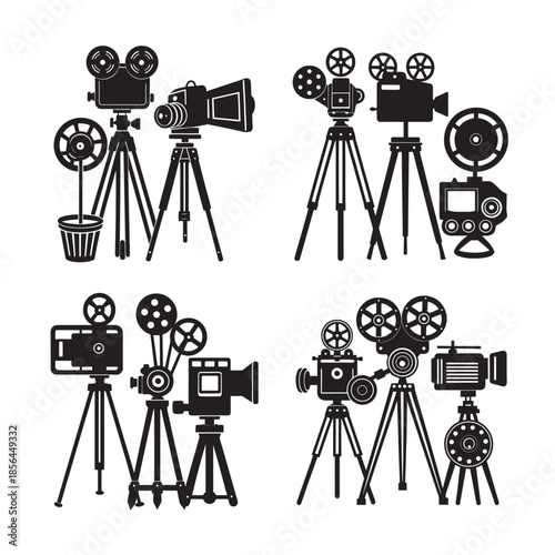 Professional vector set of retro and digital cameras featuring a film lens, tripod support, and studio photography silhouette