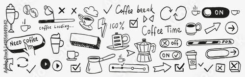 Hand drawn coffee UI doodle icon set with buttons, toggles, arrows, progress bars, cups and coffee phrases. Playful black line art elements for apps, websites, stickers and cafe branding.