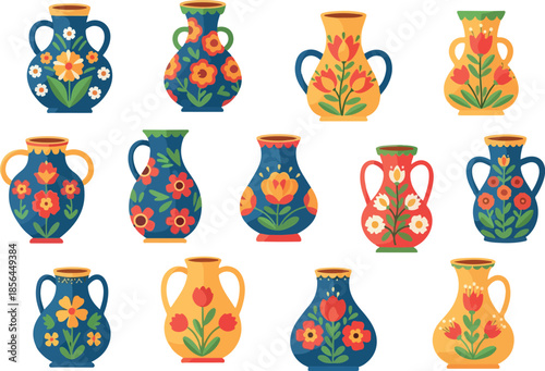 Assortment of Floral Decorated Vases, Handcrafted Pottery for Home Decor