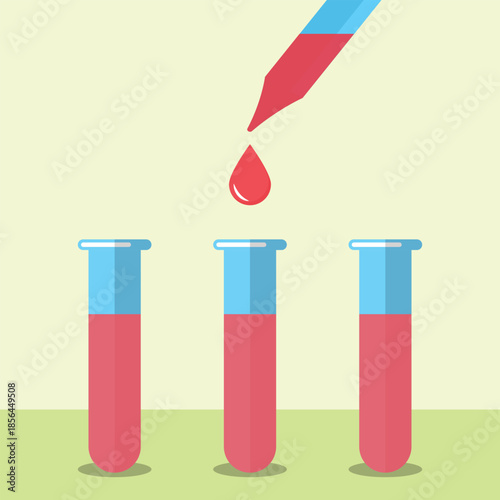 Laboratory Blood Test Concept with Pipette Dropping Liquid into Test Tubes Flat Vector Illustration for Medical Research