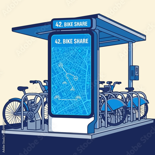 Bike share station with bicycles map and payment terminal in blue hues.