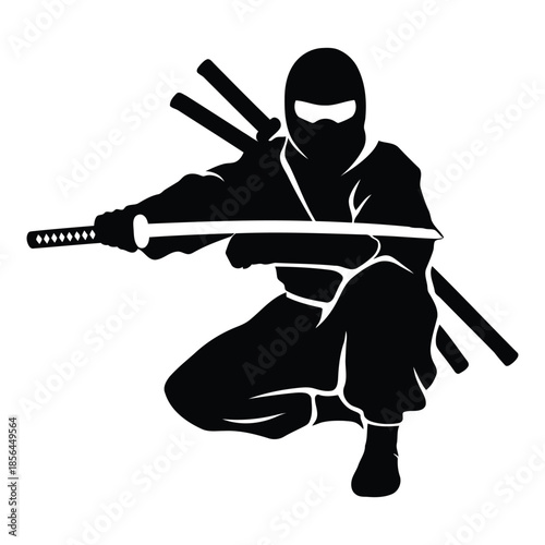 Ninja warrior silhouette crouched with katana swords and vector illustration
