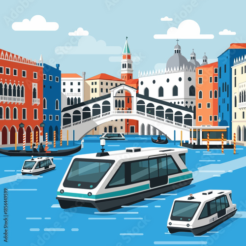 Boats and gondolas navigate a waterway with buildings and a bridge.
