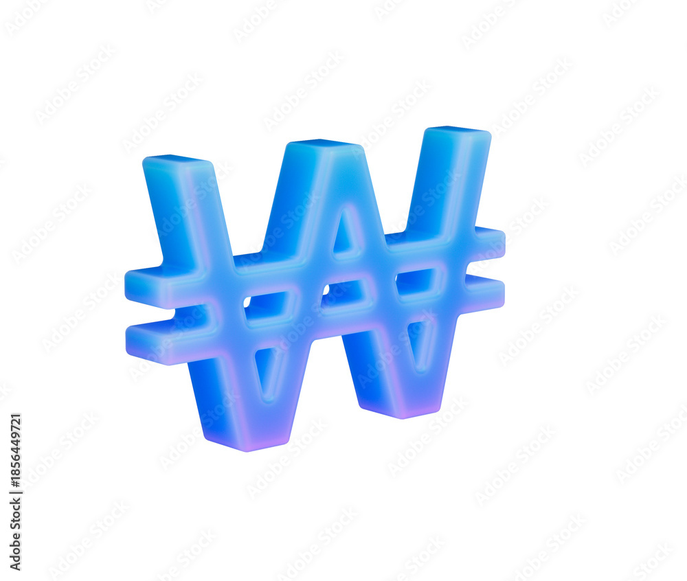 Fototapeta premium Vibrant 3D Korean Won currency symbol glowing with blue and purple gradients. 3d illustration