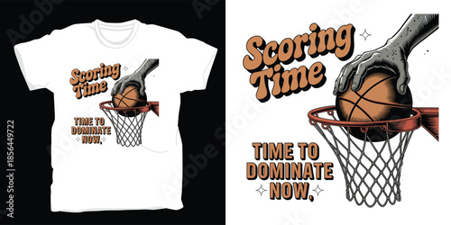 White tshirt with basketball themed design and text on front